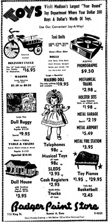 Wisconsin State Journal toy ads: 1950s